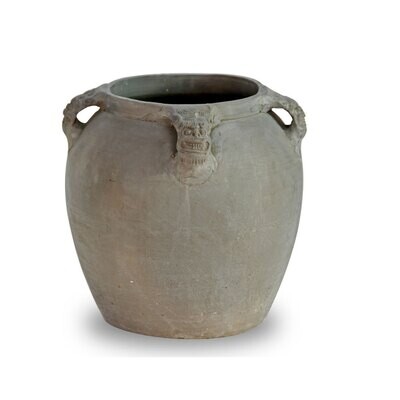 Vintage Black pottery Jar w/4 Lion handles