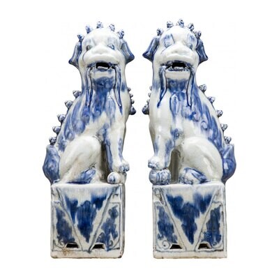 Pair of Blue & White Foo Dogs