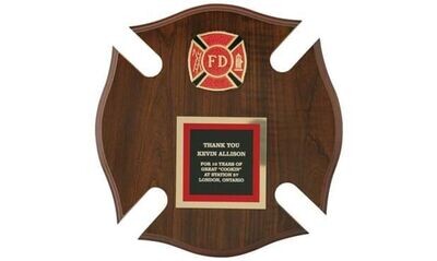 Fireman's Maltese Cross Walnut Plaque with Insignia: 12" x 12"-102457