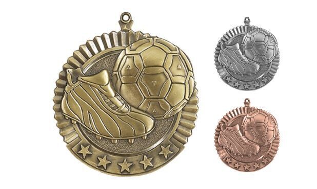 Five Star Soccer Medallion: Antique Gold 2-3/4"-105024