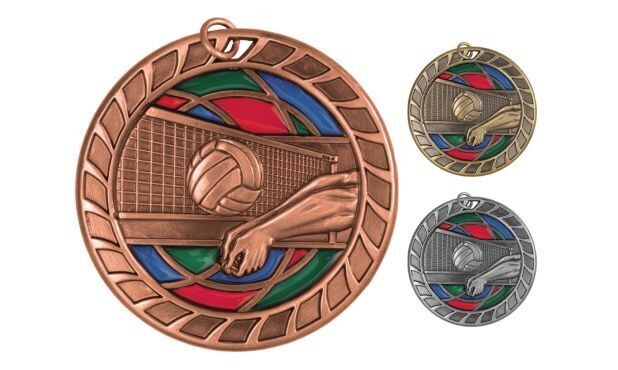 Stained Glass Volleyball Medal: Antique Bronze 2-1/2"-105048