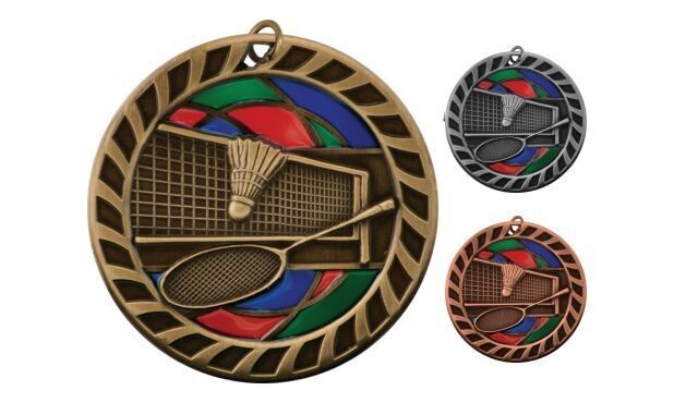 Stained Glass Badminton Medallion: Antique Gold 2-1/2"-105049