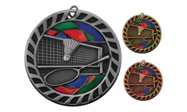 Stained Glass Badminton Medallion: Antique Silver 2-1/2"-105050