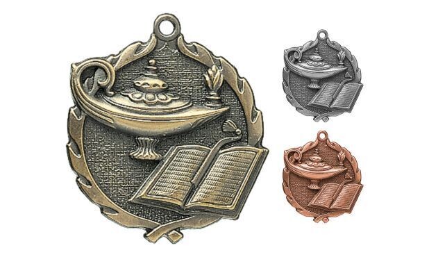 Sculptured Lamp of Knowledge Medallion: Antique Gold 2-1/2"-105095
