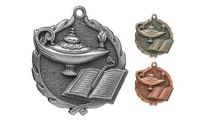Sculptured Lamp of Knowledge Medallion: Antique Silver 2-1/2"-105096