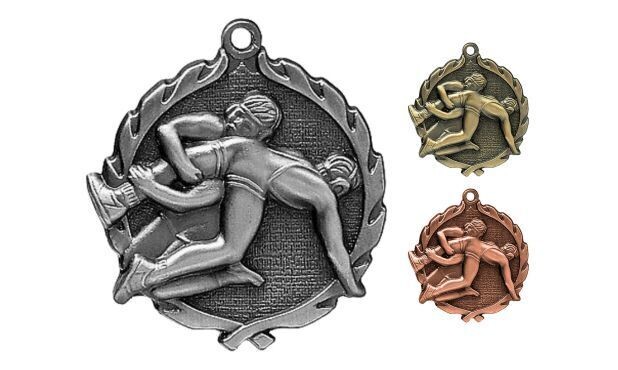Sculptured Wrestling Medallion: Antique Silver 1-3/4"-105148