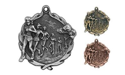 Sculptured FEMALE Cross Country Medallion: Antique Silver 1-3/4"-105175