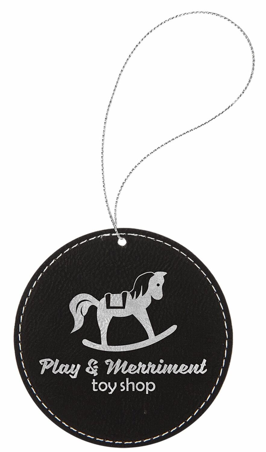 Black/Silver Laserable Leatherette Round Ornament: 3-3/4"-108376
