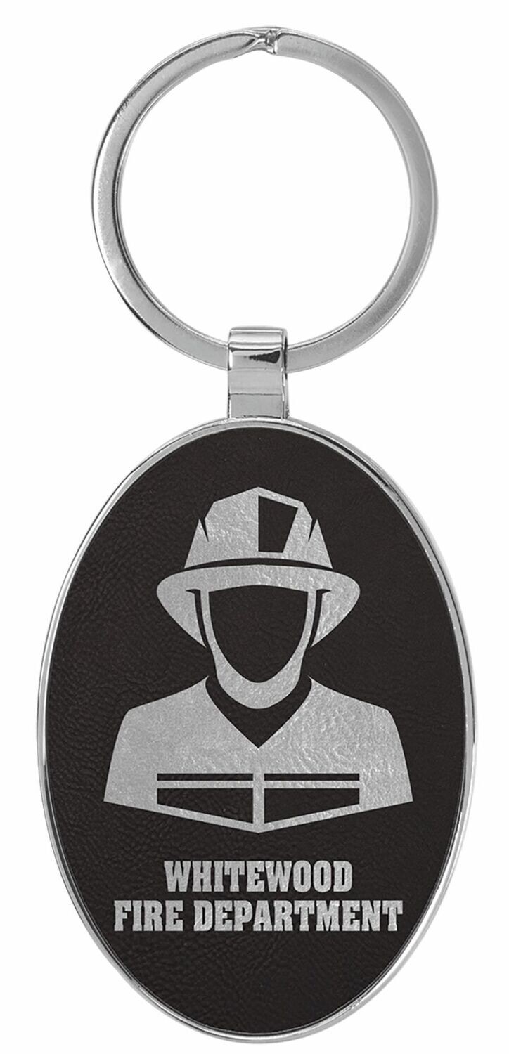 Leatherette/Metal Black/Silver Oval Keychain: 3" x 1-3/4"-108174
