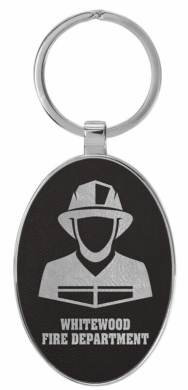Leatherette/Metal Black/Silver Oval Keychain: 3" x 1-3/4"-108174