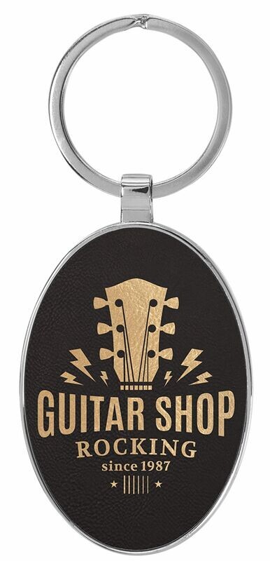 Leatherette/Metal Black/Gold Oval Keychain: 3" x 1-3/4"-108170