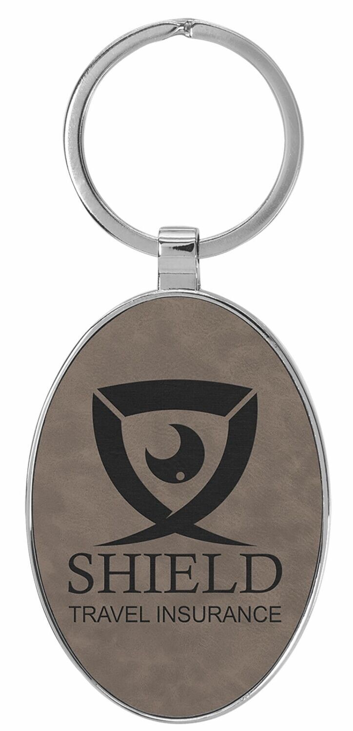 Leatherette/Metal Gray/Black Oval Keychain: 3" x 1-3/4"-108172