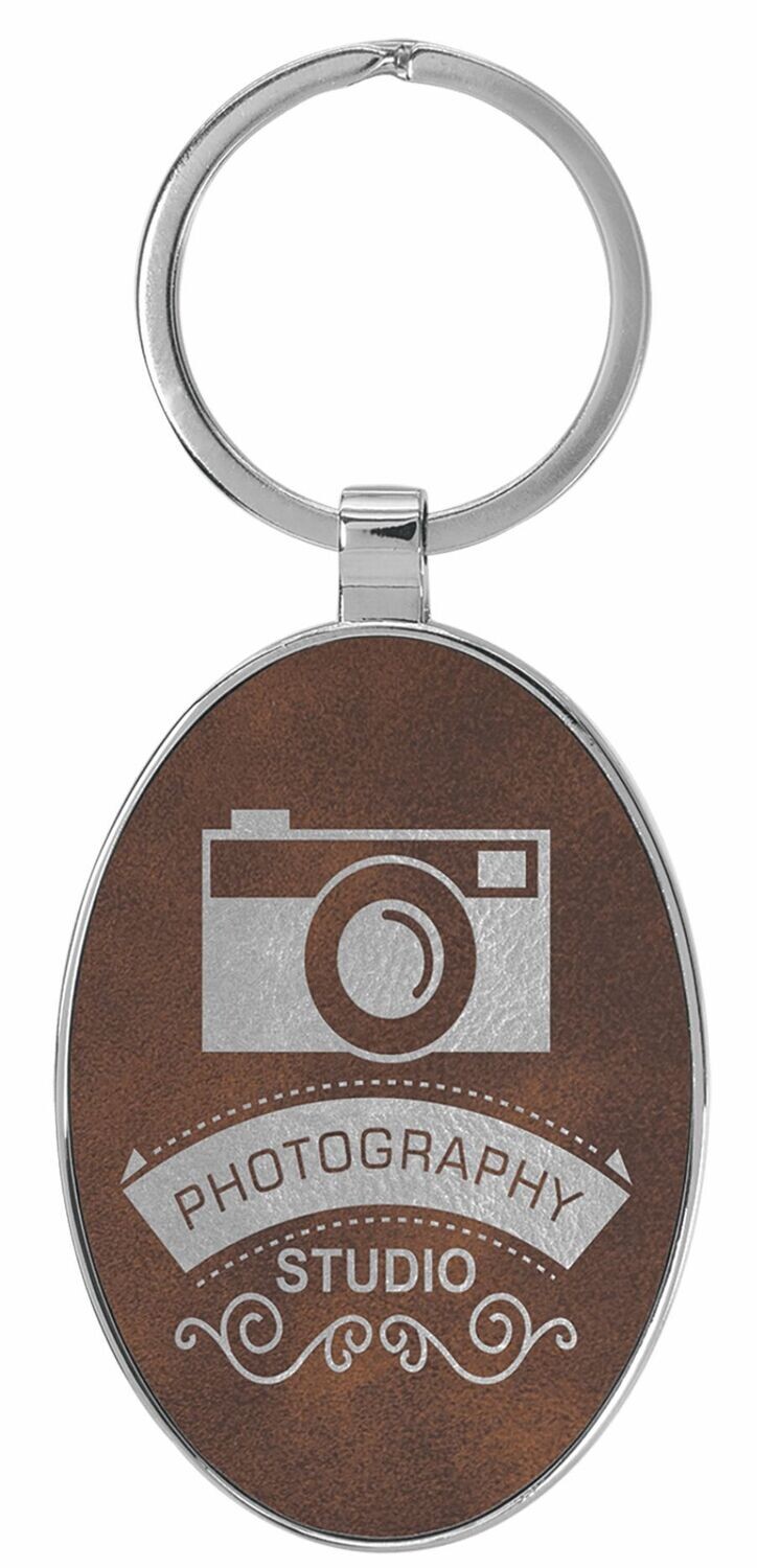 Leatherette/Metal Rustic/Silver Oval Keychain: 3" x 1-3/4"-108175