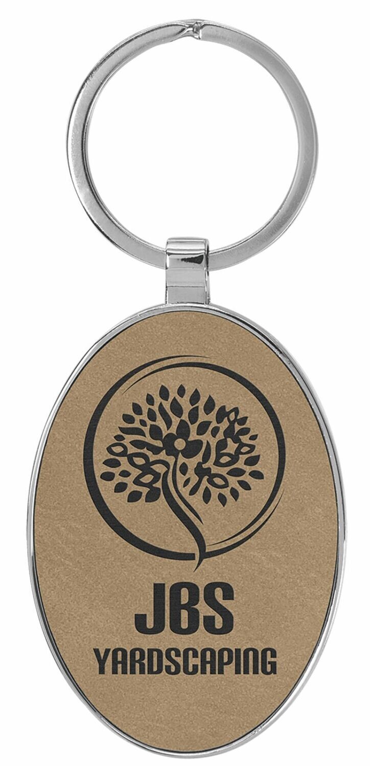 Leatherette/Metal Light Brown/Black Oval Keychain: 3" x 1-3/4"-108180