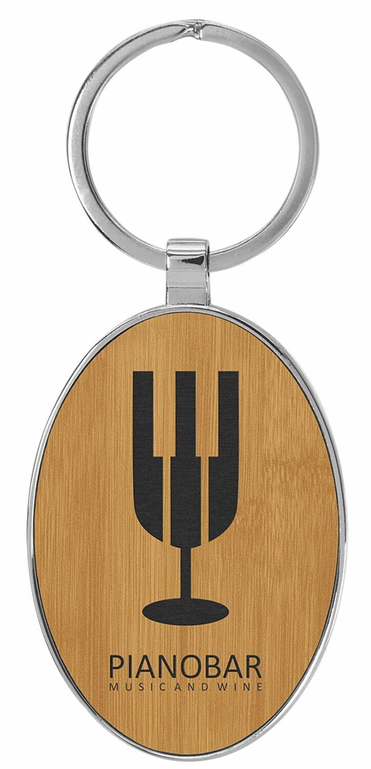 Leatherette/Metal Bamboo/Black Oval Keychain: 3" x 1-3/4"-108178
