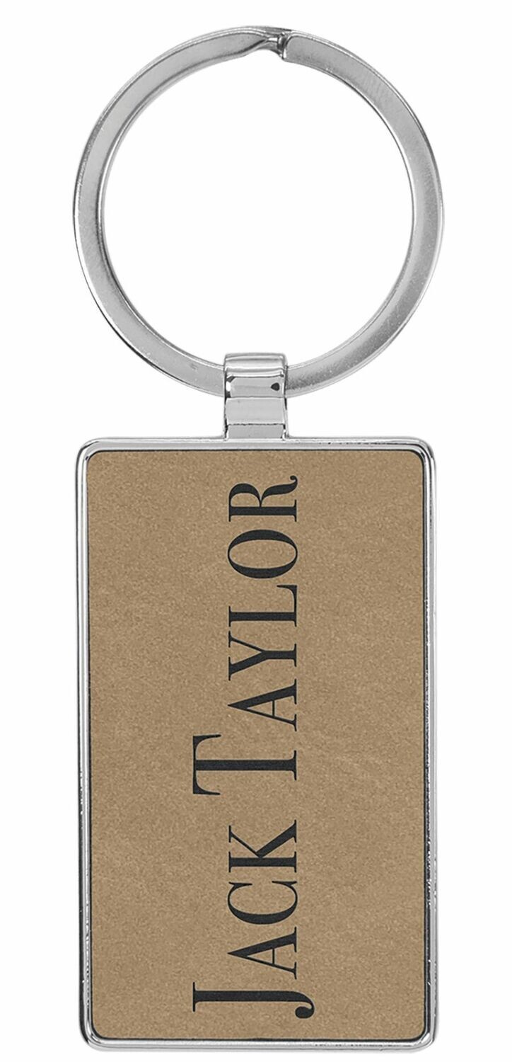 Leatherette/Metal Light Brown/Black Rectangle Keychain: 2-3/4" x 1-1/4"-108181