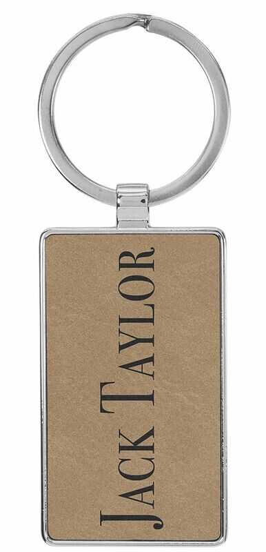 Leatherette/Metal Light Brown/Black Rectangle Keychain: 2-3/4" x 1-1/4"-108181