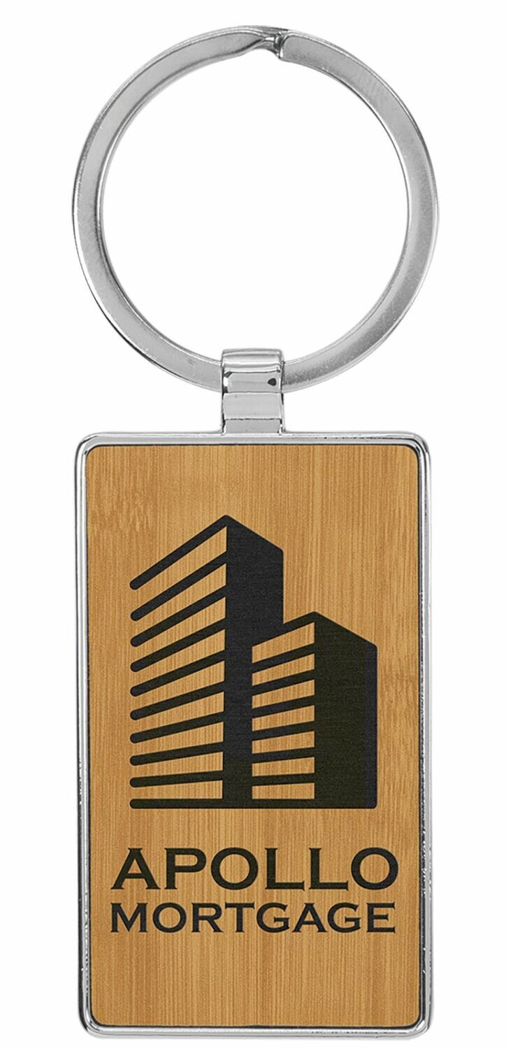 Leatherette/Metal Bamboo/Black Rectangle Keychain: 2-3/4" x 1-1/4"-108191