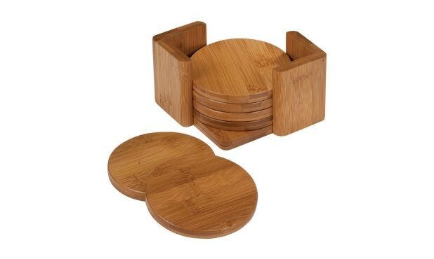 Bamboo Round 6-Coaster Set with Holder: 3-3/4"-107851