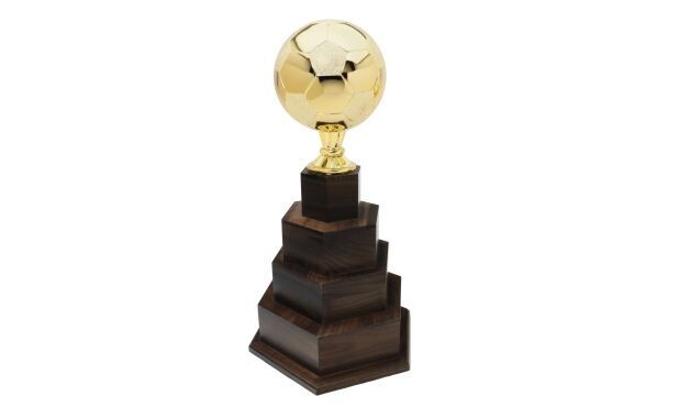 Gold Tone Soccer Ball on a 4 Tier Genuine Walnut Base: 26"