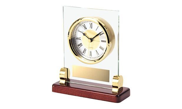 Glass Mounted Clock with Rosewood Base: 6-1/2" x 5-7/8"-101930