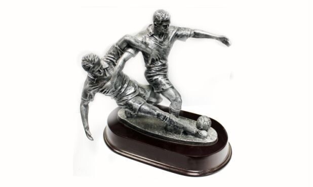 2-Man Pewter Tone Soccer Sculpture: 7-3/4"-105302