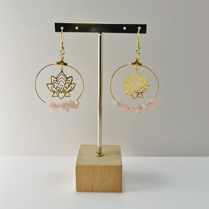 Lotus Gemstone Boho Earrings, Material: Rose Quartz