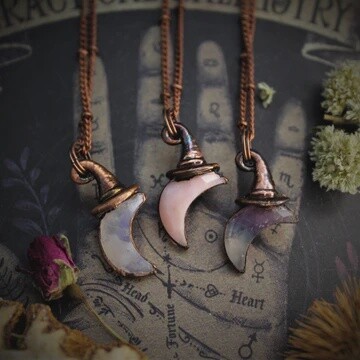 Crescent moon witch hat necklace