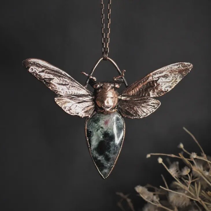 Moonstone Real Cicada Insect Necklace Electroformed Crystal
