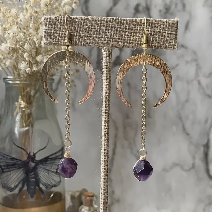 Crescent Moon + Amethyst dangle earrings