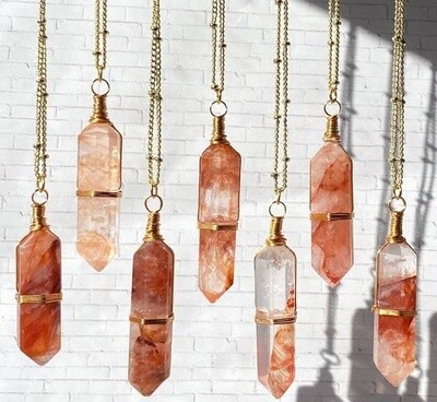 Lepidocrocite Fire Quartz crystal point necklace, silver wire wrapped jewelry