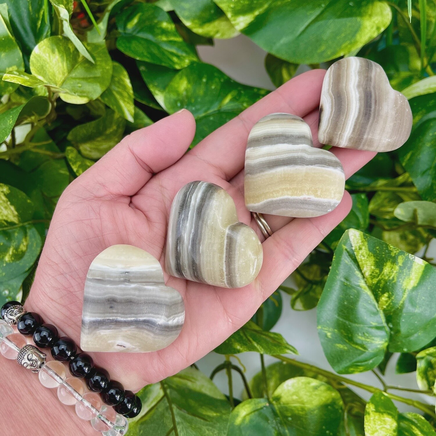 Zebra Calcite Heart Palm Stone | Mexican Onyx Worry Stone