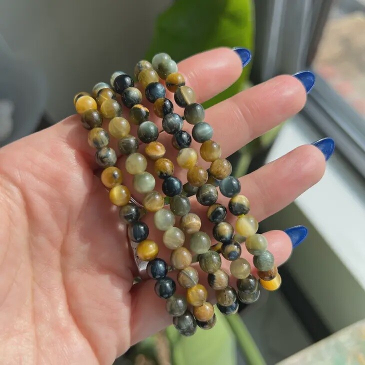6mm Blue &amp; Golden Tigers Eye Bead Stretch Bracelet