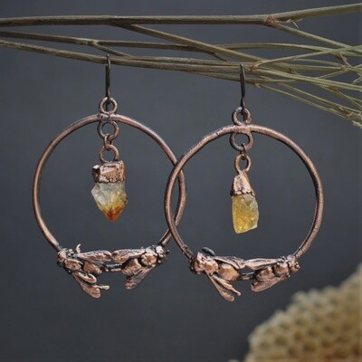 Electroformed Honey Bee Hoop Earrings