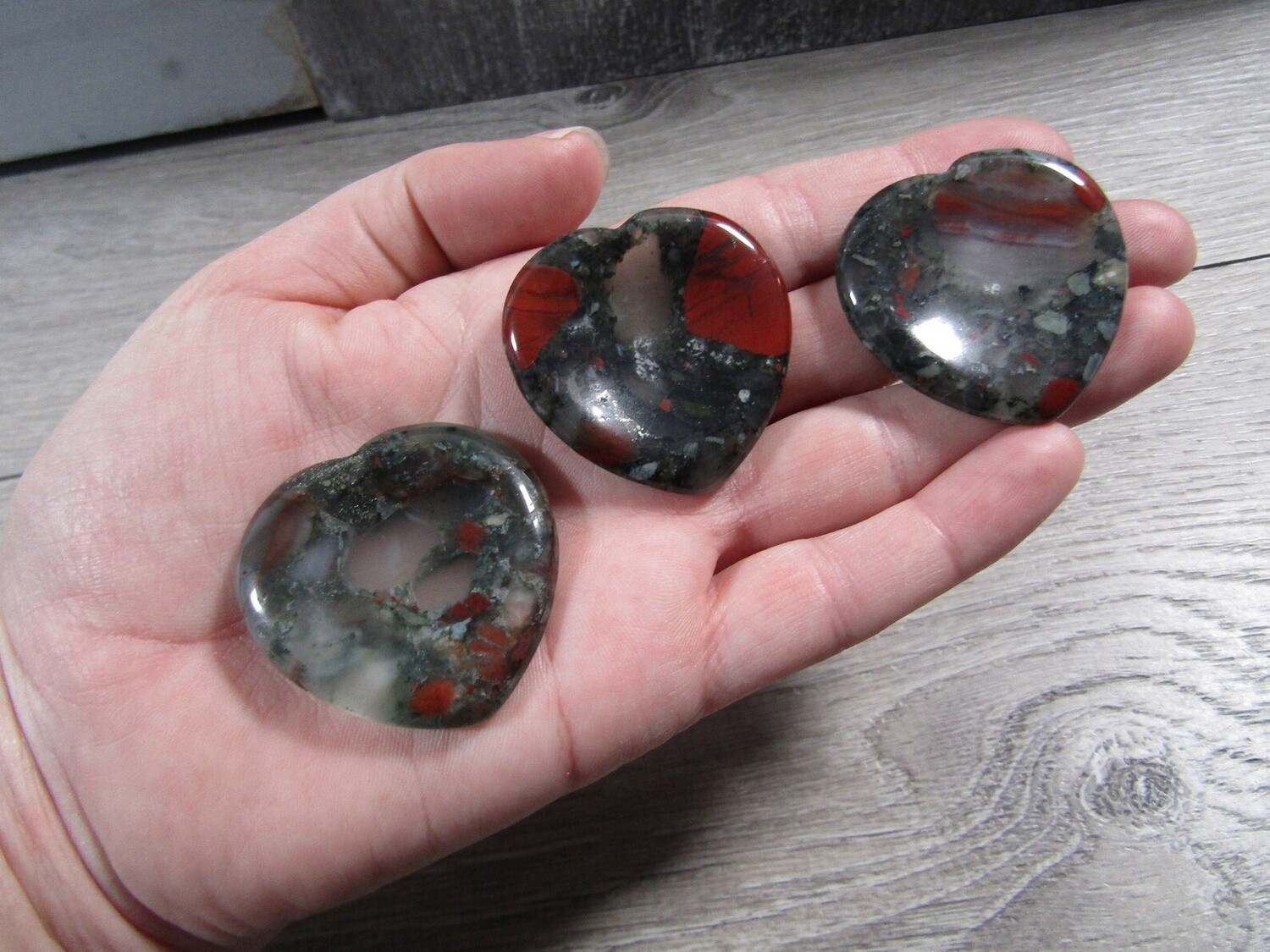 Heart Shaped Worry Stones, Material: African Bloodstone