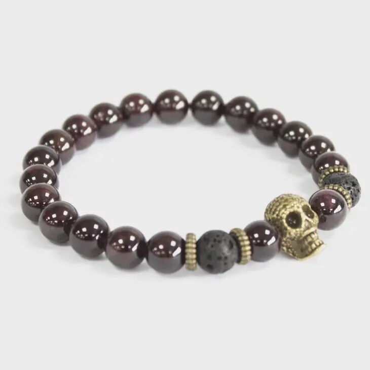 Bronze Skull / Blood Stone Bead Stretch Bracelet