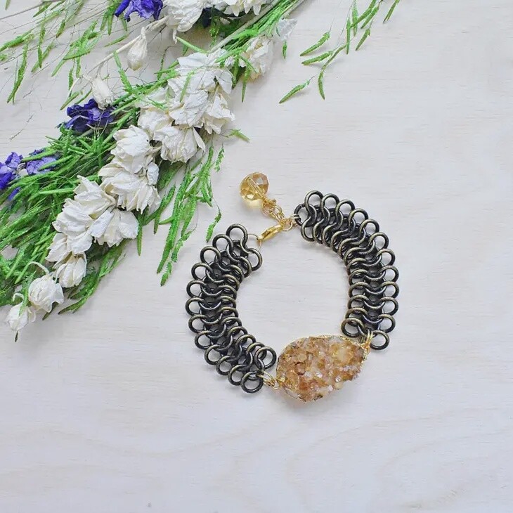 Citrine Druzy Brass Chainmaille Chain Bracelet