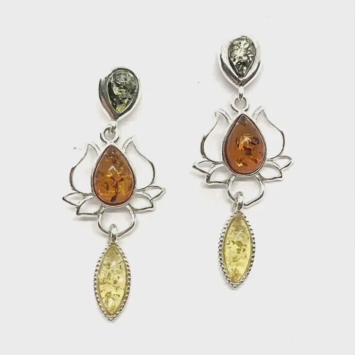 Multi-Color Amber Sterling Silver Lotus Earrings