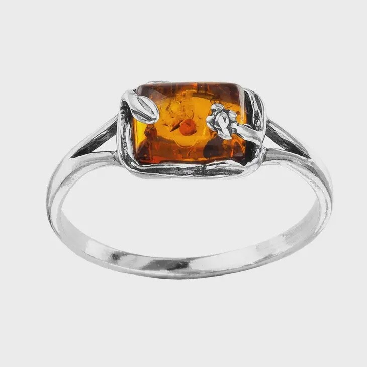Cognac Amber Square Sterling Silver Ring