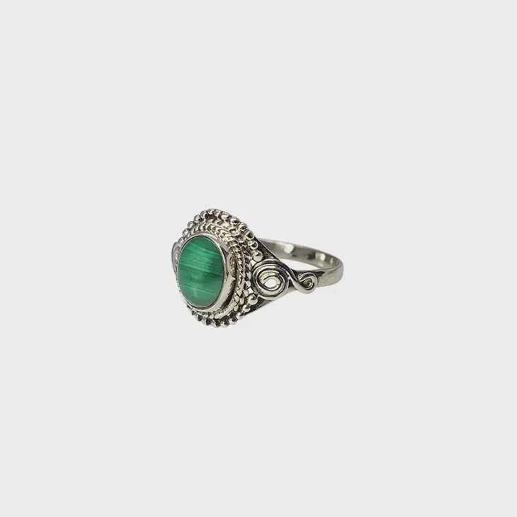Malachite Round Fancy Set Sterling Silver Ring
