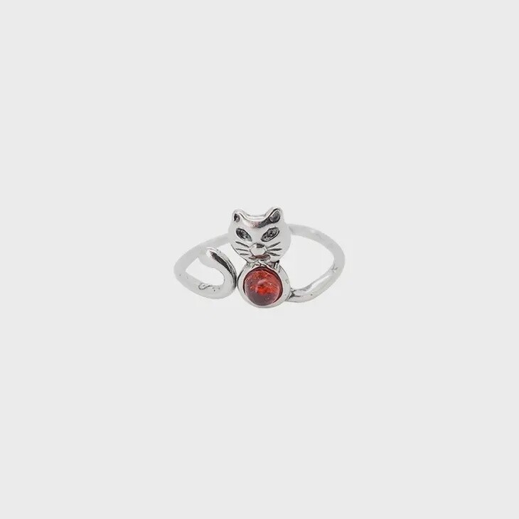 Cat Cognac Amber Sterling Silver Adjustable Ring