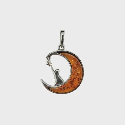 Cat on the Moon Cognac Amber Sterling Silver Pendant (pendant only)