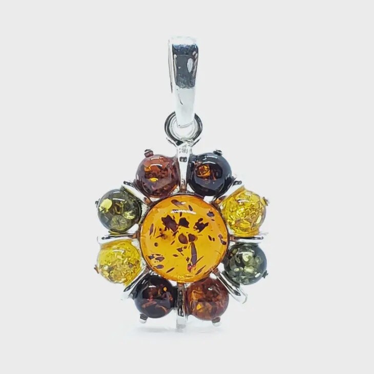 Multi-Color Amber Sterling Silver Flower Pendant (pendant only)