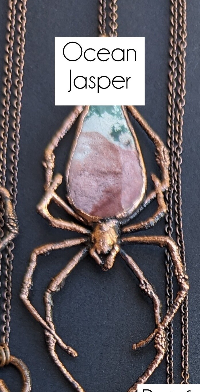 Electroformed Copper Orb Weaver Spider Necklace, Colour: Ocean Jasper