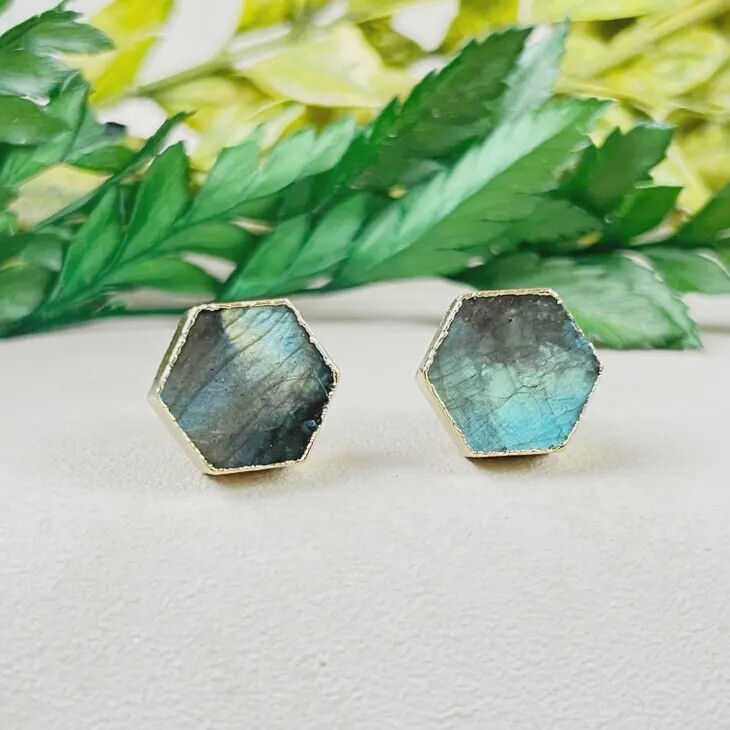 Hexagon Labradorite Gold Stud Earrings