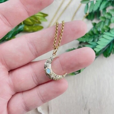 Opal Celestial Crescent Moon Charm Necklace | 16inch