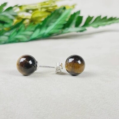 Silver 8mm Tiger Eye Orb Stud Earrings