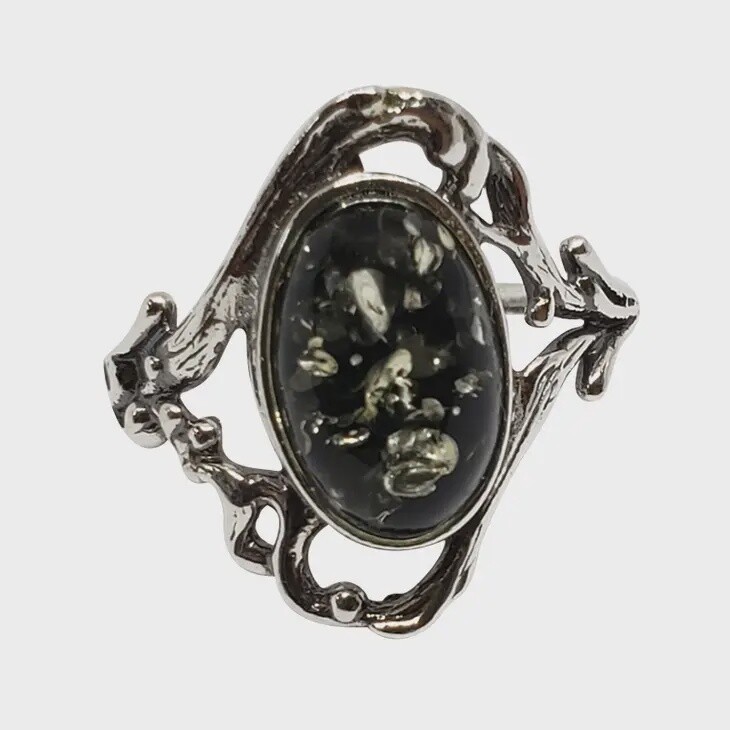 Green Amber Oval Sterling Silver Ring