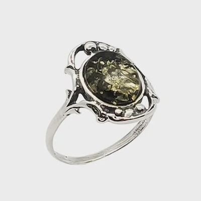 Green Amber Round Fancy Sterling Silver Ring