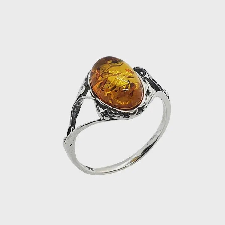 Cognac Amber Oval Sterling Silver Ring